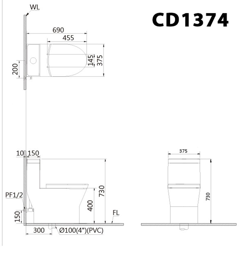 Bồn Cầu Nắp Rửa Cơ CAESAR CD1374/TAF060 1 Khối 3