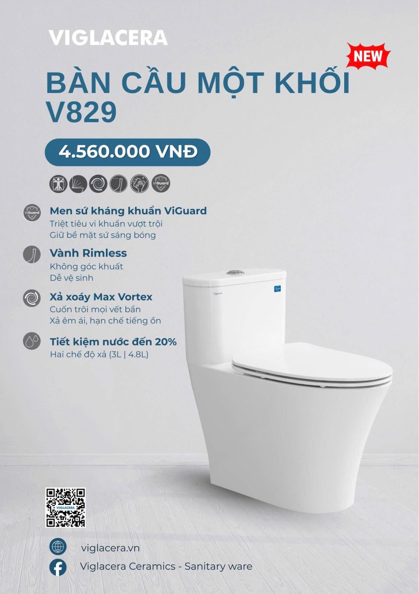 Bồn Cầu Viglacera V829 Nắp Êm 1 Khối + Vòi Xịt VG826